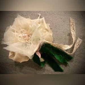 Millinery Flower Ivory Lace Green Velvet Fashion Pin, Hair Clip, Vintage Style